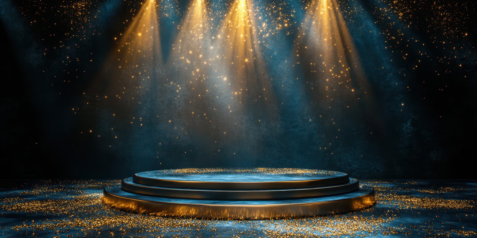 Stage with golden sparkles under dramatic lighting in a performance space during an evening event